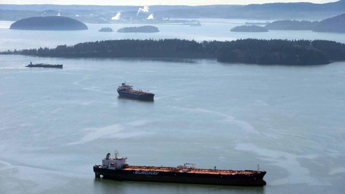The oil tankers Cap Leon, foreground, and Ning Hu pass through Samish Bay in 2014. A Coast Guard proposal would establish official anchor sites for tanker, container and bulk vessels, including areas near Samish, Guemes and Vendovi islands.