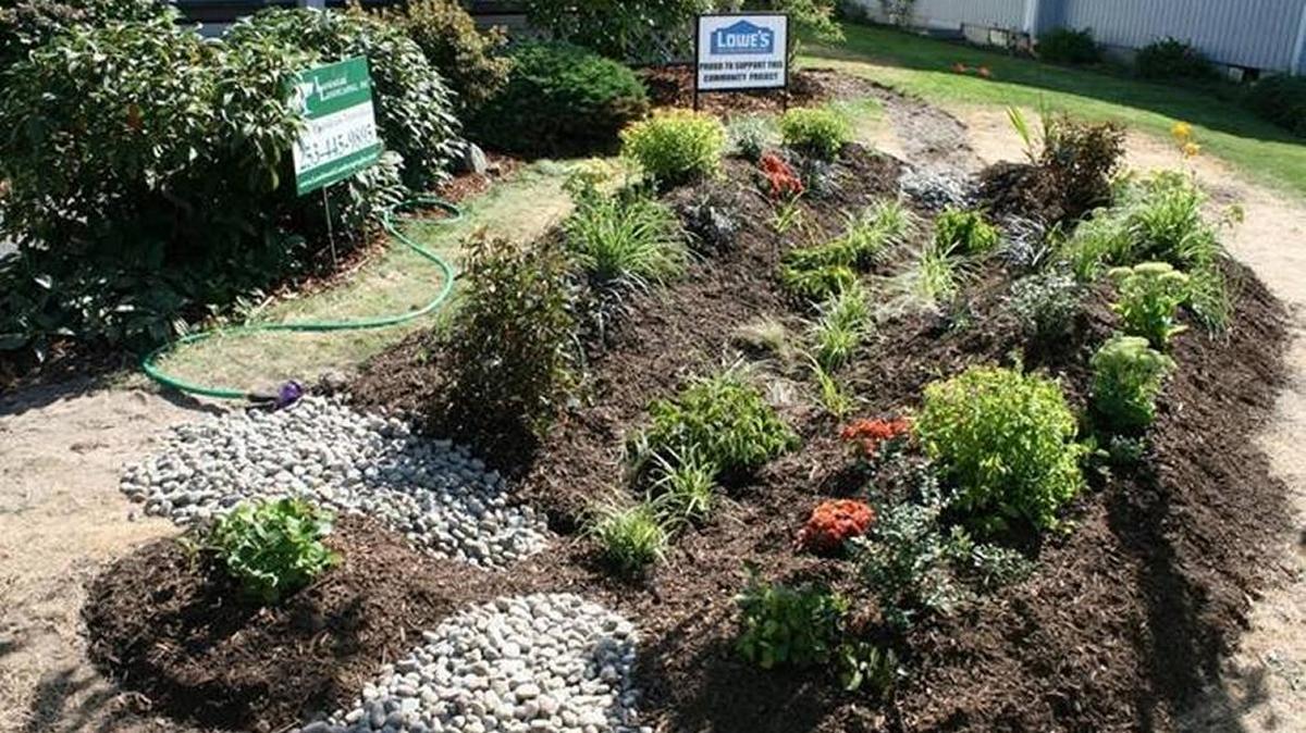 
Two of seven rain garden demonstration projects installed on 8th Avenue NW in Puyallup. Residents say that the gardens helped significantly reduce the amount of standing water in the neighborhood as the first rains of the season came this month. 
