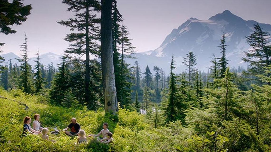 This screengrab from the trailer for Bleecker Street’s new movie “Captain Fantastic” shows star Viggo Mortensen and his film family’s six children near Artist Point, with Mount Shuksan in the background.