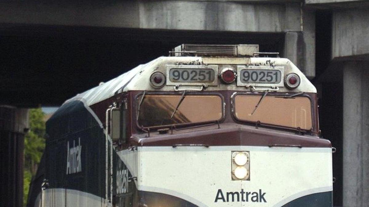 The northbound Amtrak Cascades goes under the Chestnut and Bay streets bridge in Bellingham.