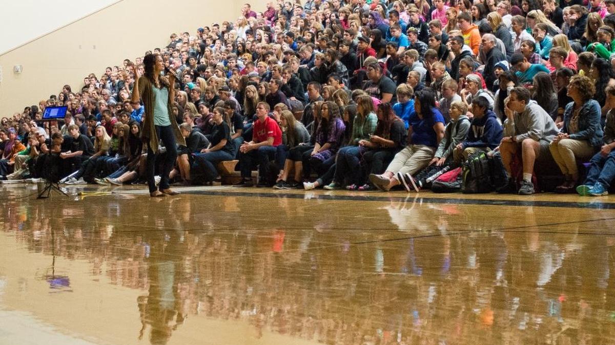 
Meridian middle and high school students fill the high school gym Wednesday, Sept. 9, to listen to Rachel’s Challenge presenter Nicole Voelkel speak about the life and impact of Rachel Joy Scott, the first student killed in the Columbine High School shootings.
