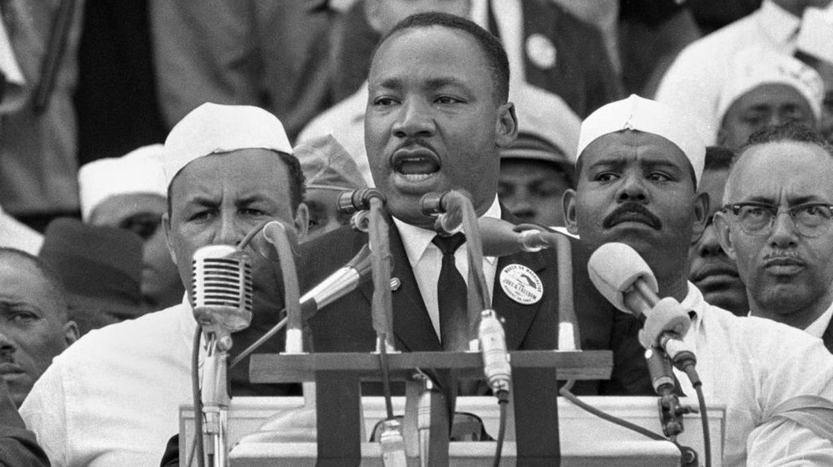 In this Aug. 28, 1963, file photo Dr. Martin Luther King Jr., head of the Southern Christian Leadership Conference, addresses marchers during his “I Have a Dream” speech at the Lincoln Memorial in Washington.