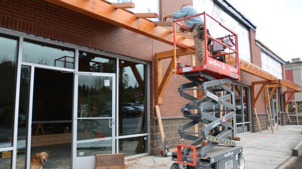 Gilligan the dog waits while his owner, Scott Olson of Landmark Investments, takes some measurements outside new retail space being built near the Whatcom Farmers Co-op store on Old Fairhaven Parkway in Bellingham Monday morning, Oct. 26, 2015. A Starbucks is also planned on the property.