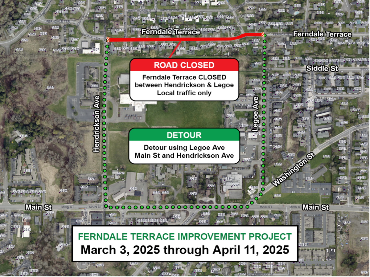 A planned detour around a section of road in Ferndale that is expected to last 4-6 weeks for utility work was set to begin the morning of Monday, March 3, 2025.