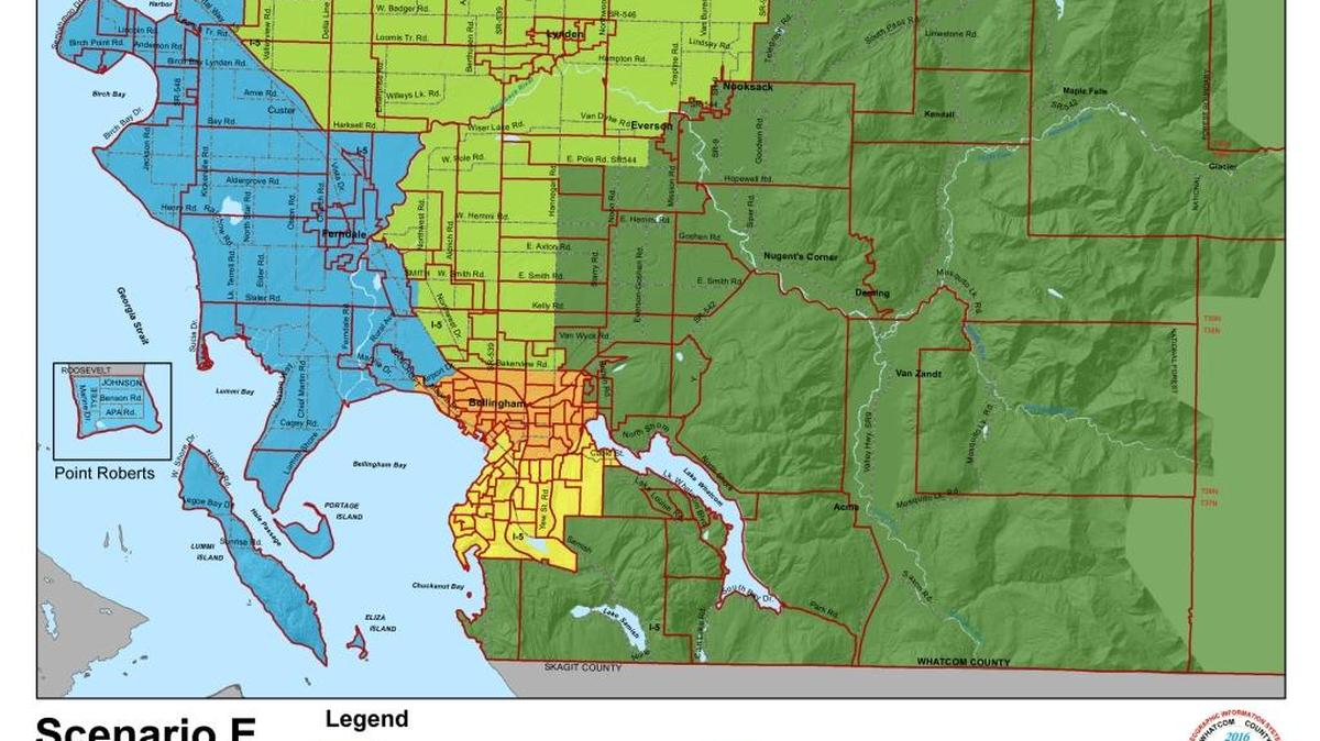 “Scenario E” is one of two options the Whatcom County Districting Committee will consider during its meeting March 14. In this scenario, Everson, Nooksack and Sumas are in the dark green foothills district, rather than the light green farmlands.
