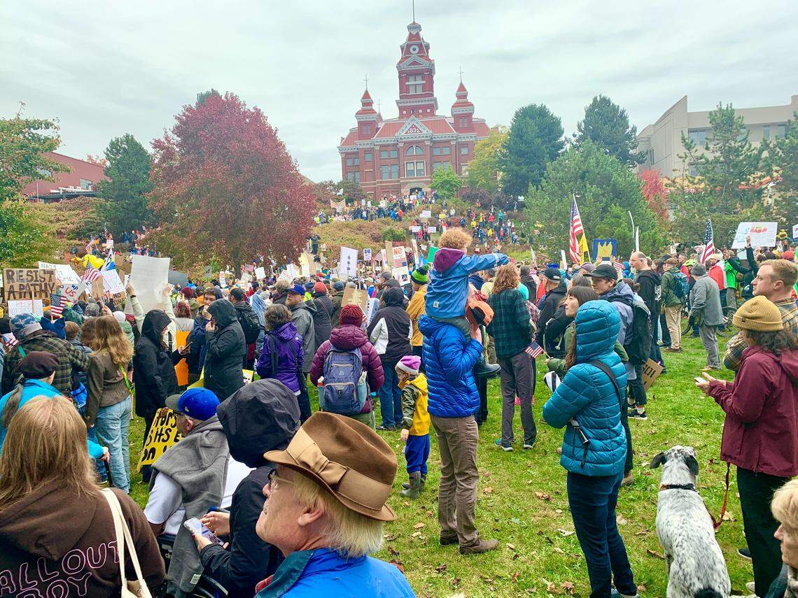 The Whatcom County Museum stands in the background during the Oct. 18, 2025 No Kings protest in Bellingham, Wash.