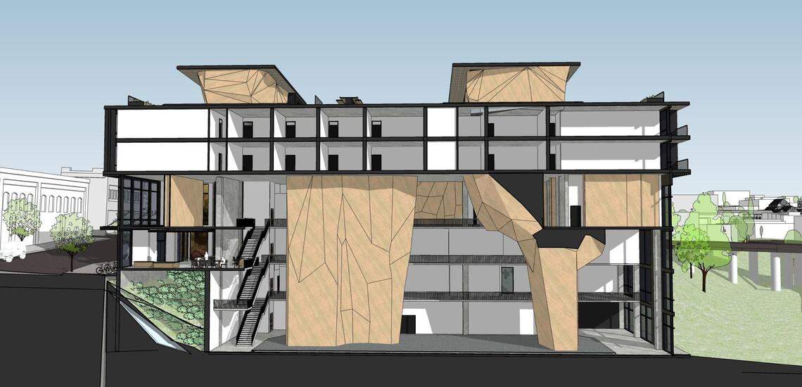 A cutaway rendering shows the interior design of the proposed Arête Climbing Gym at 315 W Holly Street in downtown Bellingham, Wash. The project is expected to break ground in the spring of 2025.