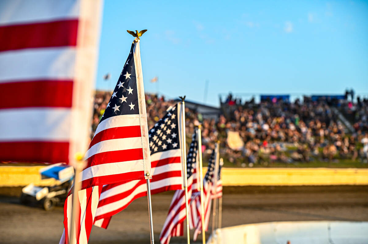 American flags line the track’s inside wall at Skagit Speedway in Alger, Washington.