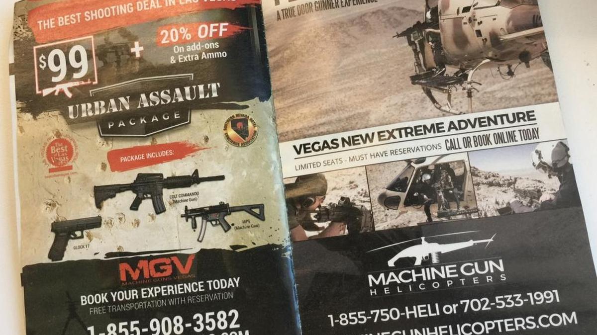Ads for gun ranges target visitors in Las Vegas, where tourists and locals can shoot military-grade weapons. On Sunday night about 3.5 miles away from one of the ranges, a gunman wielding high-powered weapons opened fire on an outdoor concert from the 32nd floor of a casino, killing 58 people and wounding more than 500 before killing himself.