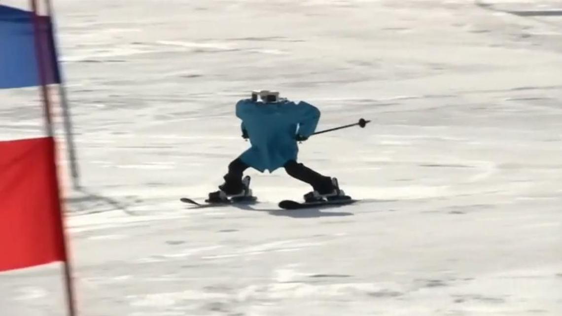 In this screen grab from a Reuters video, a robot skis down a slope at Dunnae, South Korea, as part of what was billed the world’s first robot skiing competition.