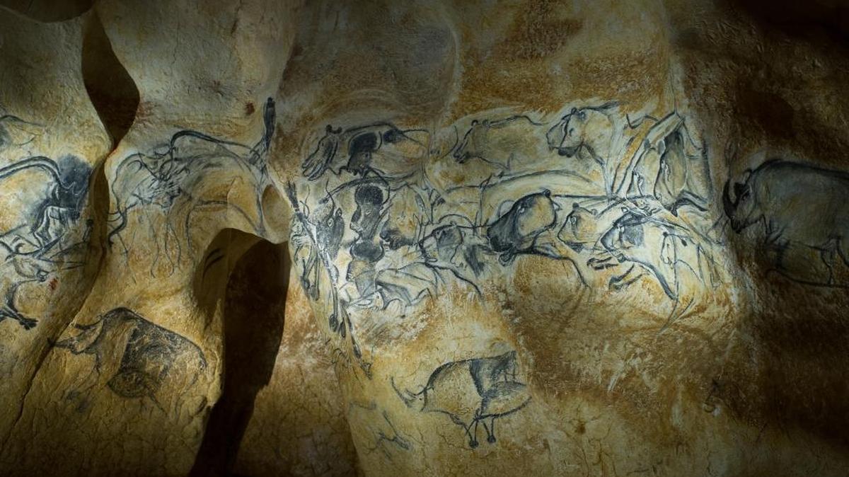 Full-scale reproductions of frescos found at the cave of Pont-D’Arc, also known as the Chauvet cave, on display April 10, 2015, in Vallon Pont D’Arc, France. The Chauvet cave paintings are the world’s oldest-known cave paintings, with handprints and depictions of horses and other animals dated to around 30,000-32,000 years ago. (