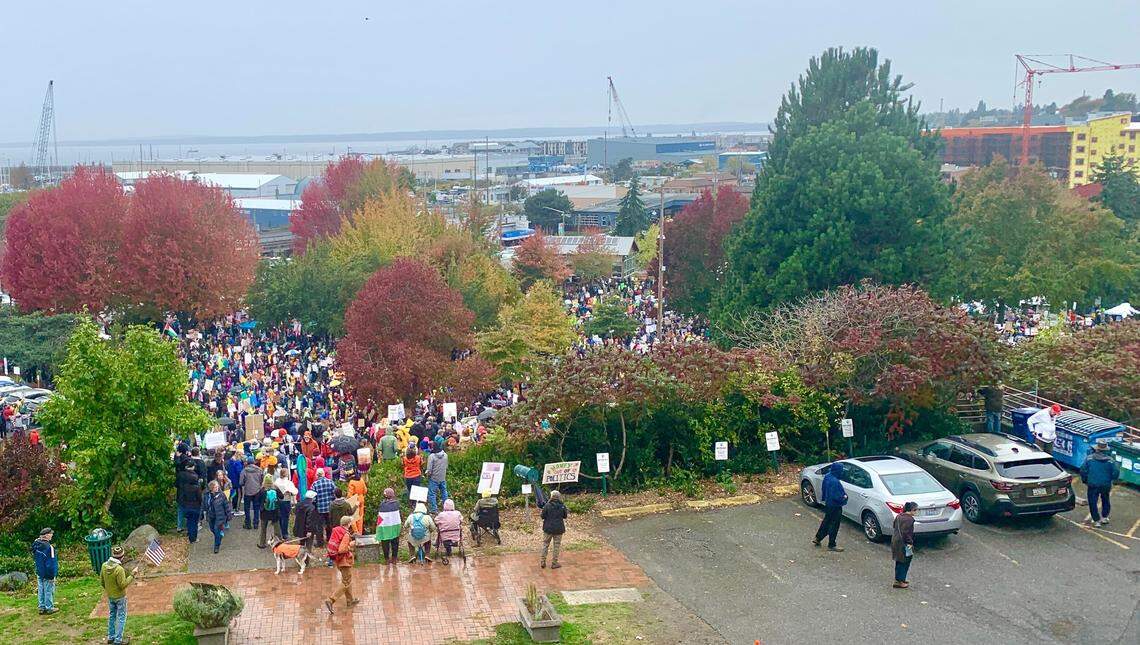 The view of the No Kings protest from the Whatcom County Museum in Bellingham, Wash., on Oct. 18, 2025.