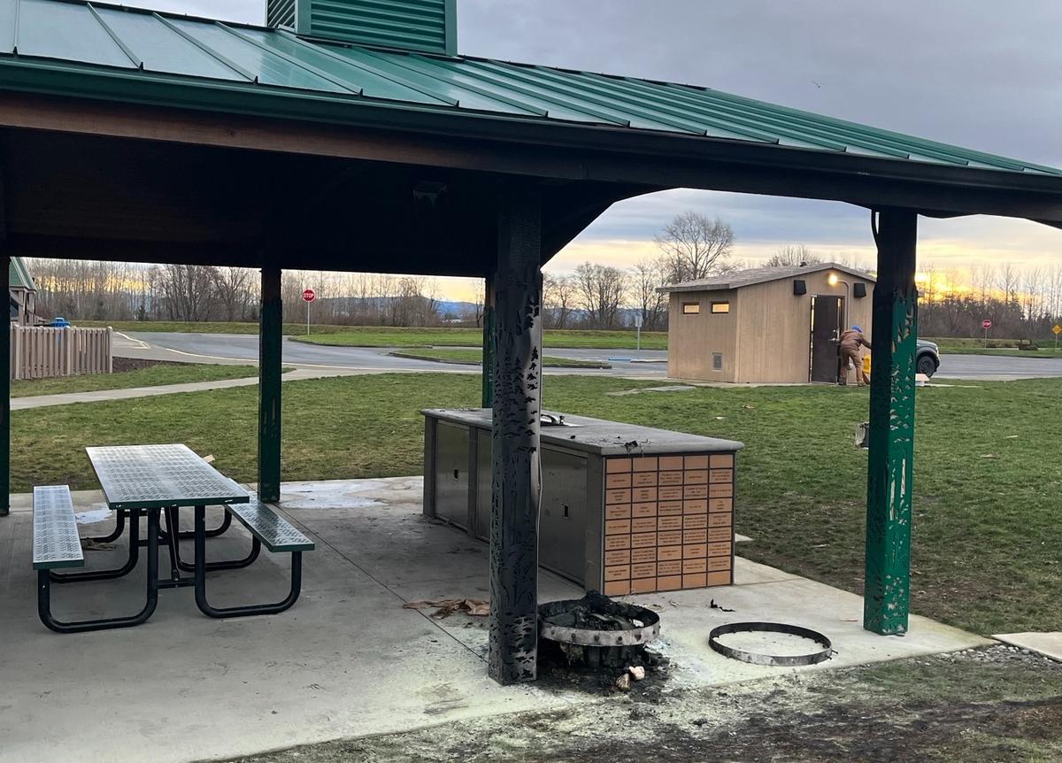 Whatcom County authorities are investigating a fire at a Ferndale park that left a shelter badly burned.