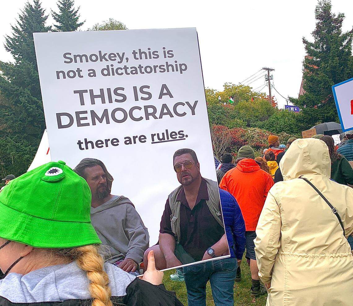 A protest sign with a “The Big Lebowski” reference that was displayed during the Saturday, Oct. 18, 2025 No Kings protest in Bellingham, Wash.