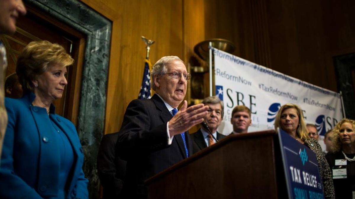 Senate Majority Leader Mitch McConnell (R-Ky.) speaks during a news conference on proposed Republican tax legislation on Capitol Hill in Washington, Nov. 30, 2017. Republicans moved closer to a Senate victory on their tax plan on Thursday, securing a critical swing vote as key details remained in flux just hours ahead of a floor vote.