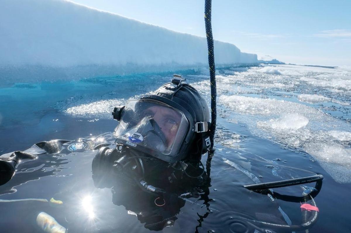 Chief Petty Officer Chuck Ashmore, a diver with the U.S. Coast Guard, waits for his dive partner to enter the water to explore beneath ice in the Arctic Ocean on July 30.