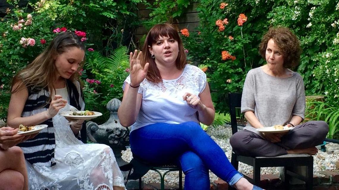 Amanda Litman pitches her organization Run For Something to an audience of prospective candidates and donors at a house party in Brooklyn Heights.