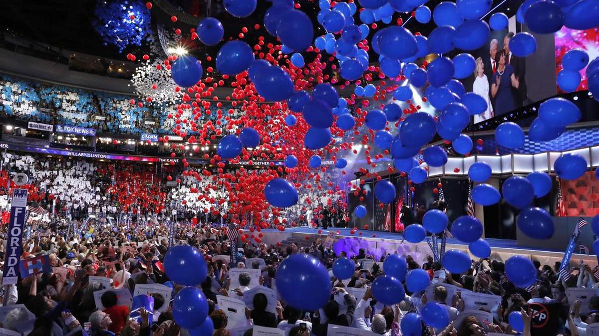 Balloons descend at the Wells Fargo Center after Democratic presidential nominee Hillary Clinton’s acceptance speech during the final day of the Democratic National Convention in Philadelphia onJuly 28.