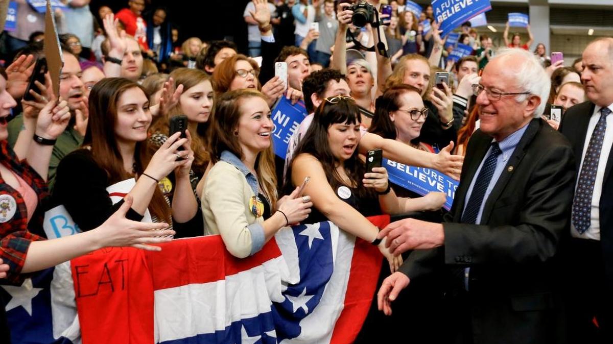 Democratic presidential candidate, Sen. Bernie Sanders, greets supporters after a rally at a campaign stop, Thursday, March 31, 2016, in Pittsburgh. Sanders, who has used his broad support among young voters to challenge Democratic front runner Hillary Clinton, is tapping into the anxiety that student loans create.