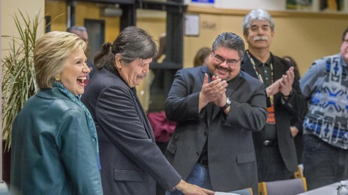 Former Secretary of State and current presidential candidate Hillary Clinton gets a warm welcome from leaders of many Indian tribes from around the state who gathered at Chief Leschi School in Puyallup, March 22, 2016. To her right is Bill Sterud, chair of the Puyallup tribal council.