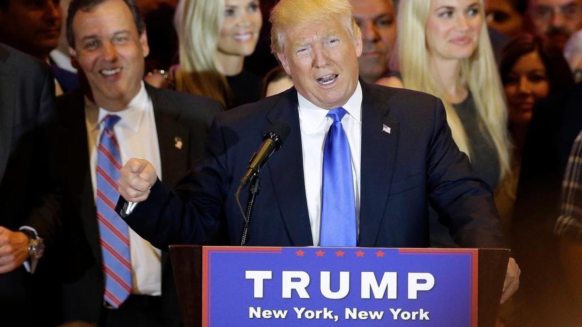 Republican presidential candidate Donald Trump speaks during a primary night news conference, Tuesday, April 26, 2016, in New York. New Jersey Gov. Chris Christie is at back left. Christie is one of the five people most likely to wind up as Donald Trump’s second-in-command.