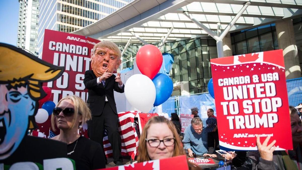 A flat bed “Stop Trump” truck sits outside the new Trump Tower in downtown Vancouver, B.C. organized by Avaaz to launch a major new campaign to mobilize American expats across Canada to register and vote, in Vancouver, B.C. on Wednesday, October 5, 2016.
