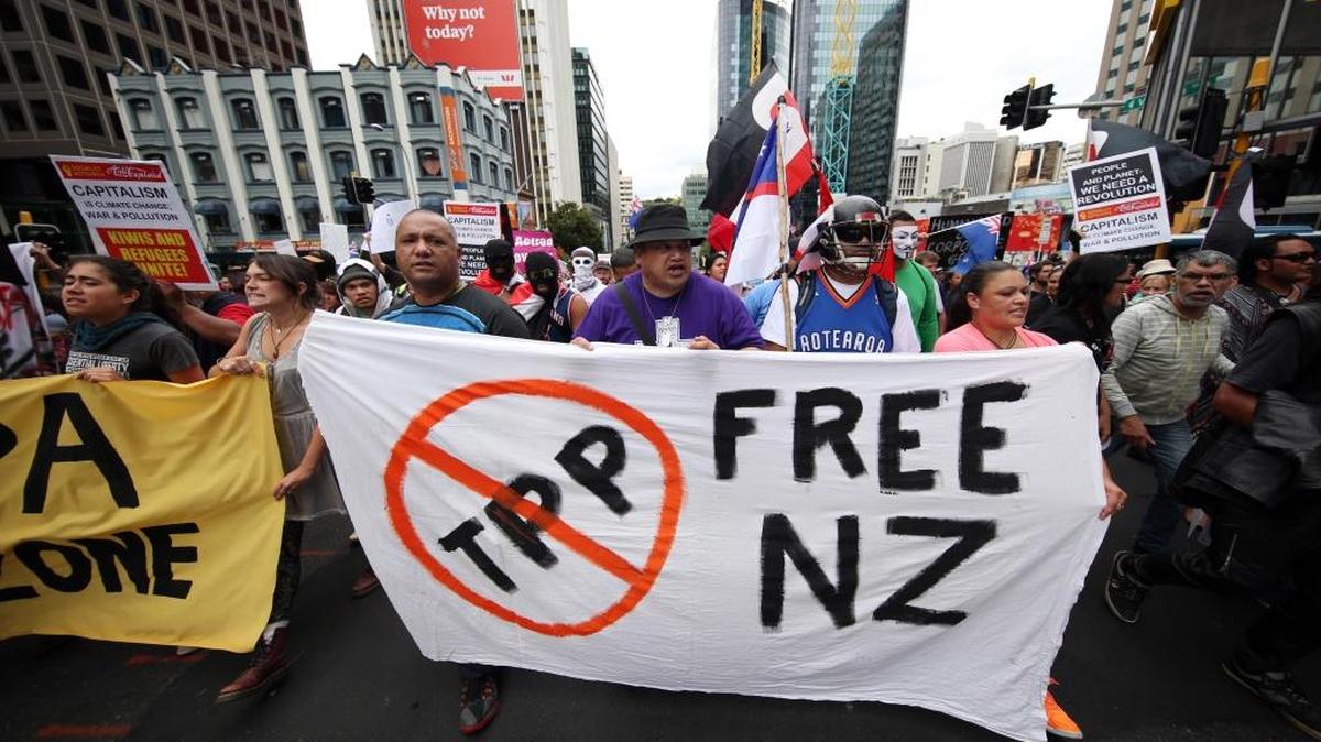Protestors march to the venue of the Trans Pacific Partnership Agreement signing, SkyCity Conference Centre, Auckland, New Zealand, Thursday, Feb 4, 2016. The success of Donald Trump and Bernie Sanders, who have campaigned for U.S. president against free trade, in Rust Belt states and elsewhere will make it even harder, if not impossible, for Congress to back TPP, even in a lame-duck session after the election.