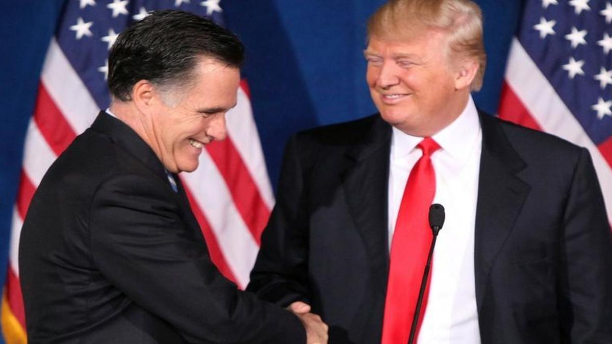 Donald Trump and Gov. Mitt Romney shake hands in 2012 after Trump endorsed Romeny’s presidential bid. In hastily organized speech in Utah on March 3, 2016, Romney called Donald Trump “a phony” and “a fraud” and urged Republicans to rally around one of Trump’s presidential rivals.