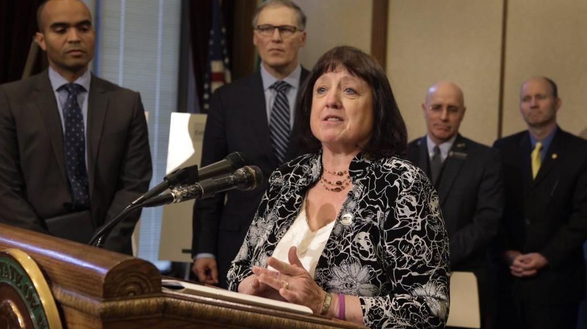 State Supreme Court Chief Justice Barbara Madsen speaks during a 2015 press conference. Madsen is hoping to be re-elected to the high court this fall.