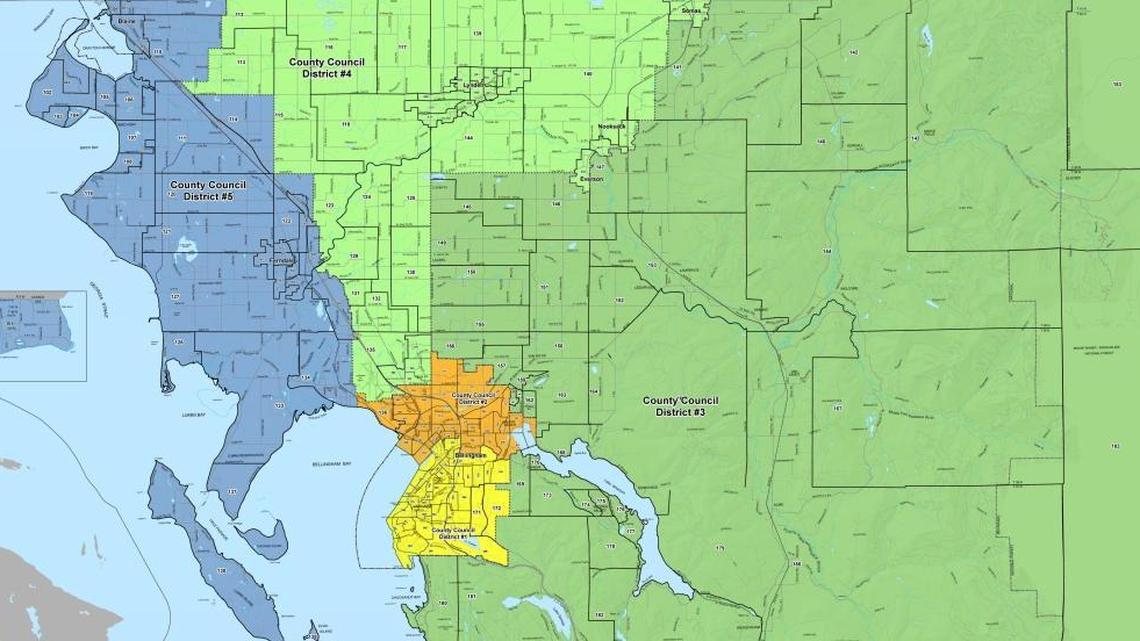 The final map of Whatcom County Council voting districts was approved by the Districting Committee in 2016. Voters changed council districts from three to five in 2015. District No. 1 is South Bellingham, No. 2 is North Bellingham, No. 3 is Foothills, No. 4 is Farmlands and No. 5 is Coastal.