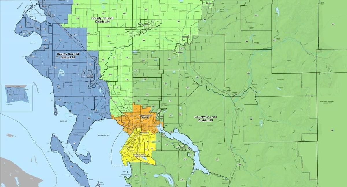 Five Whatcom County Council voting districts were approved by Whatcom County voters in 2016. District No. 1, in yellow, is South Bellingham, No. 2, orange, is North Bellingham, No. 3, dark green, is Foothills, No. 4, light green, is Farmlands and No. 5, blue, is Coastal.