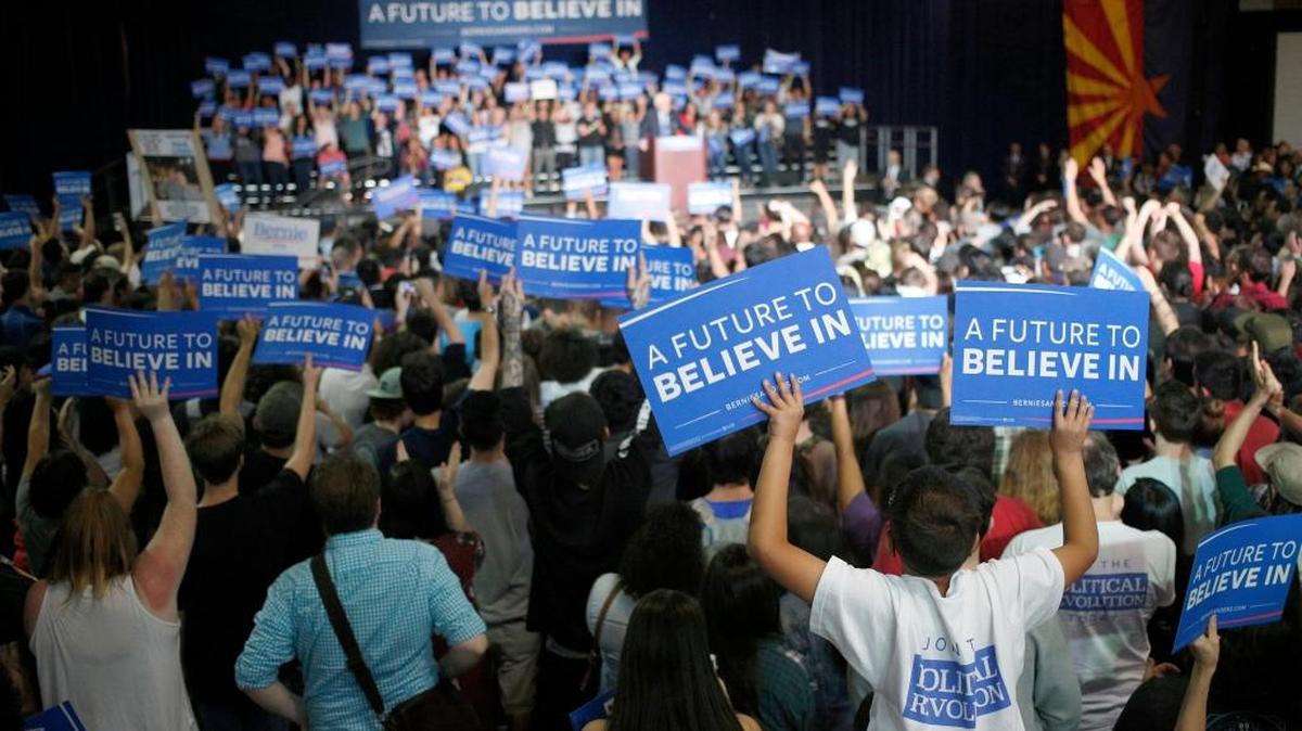 Supporters of Sen. Bernie Sanders cheer during a campaign event in Phoenix. The true basis of Sanders’ strength has been largely overlooked: He gives voice to a set of policy ideas that lie closer to the hearts of most Democratic voters — and especially the Democratic voters of the future — than Hillary Clinton’s do.