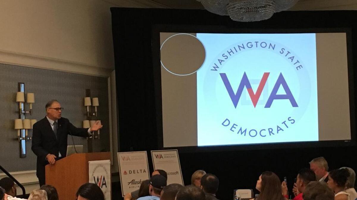 Gov. Jay Inslee speaks with the Washington state delegates to the Democratic National Convention Monday, July 25, 2016, at the Sheraton Society Hill hotel in Philadelphia.