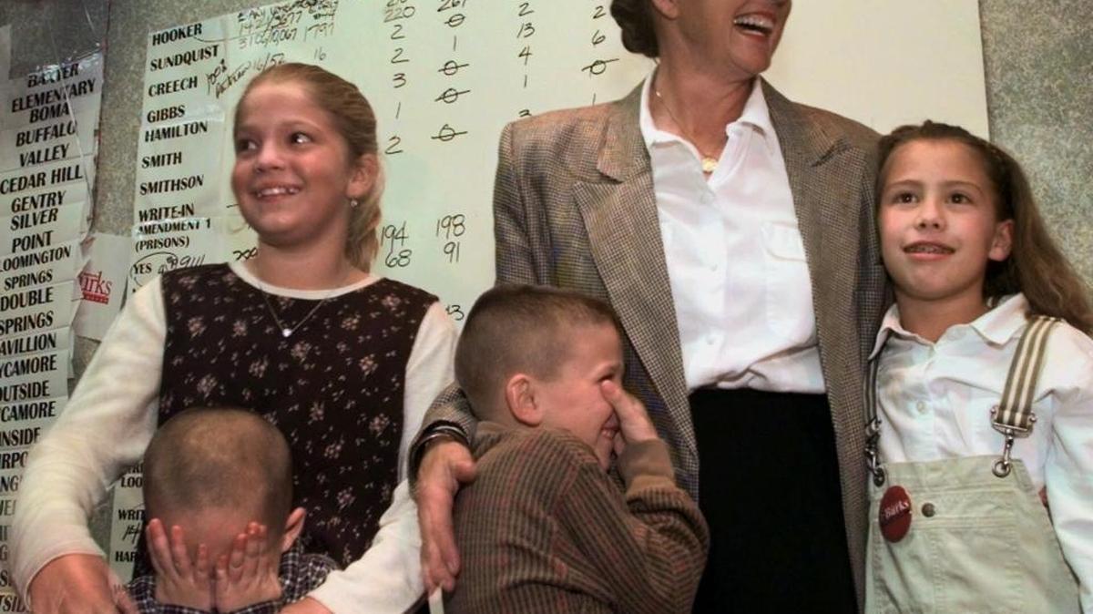 In 1998, Charlotte Burks is cheered by supporters at a victory celebration in Cookeville, Tenn. Burks won as a write-in candidate over Republican nominee Byron (Low Tax) Looper, who was charged with murdering her husband, former state Sen. Tommy Burks.