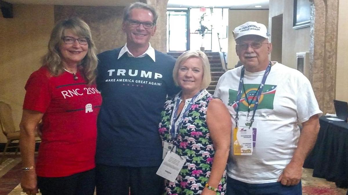 GOP delegate Charlie Crabtree, right, at the Crowne Plaza Hotel in Cleveland with Republican National Convention guests from left, Rika Kent, Jeff Kent and Eileen Sobjack.