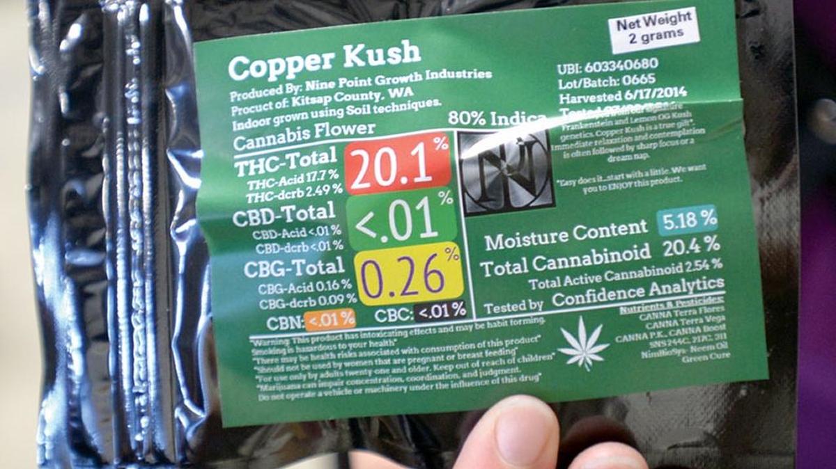 
A package containing legal marijuana at Top Shelf Cannabis in Bellingham. By state law, you can’t legally transport pot or pot-infused products that have been opened in your vehicle, except in a place that’s not accessible to the driver or passengers.
