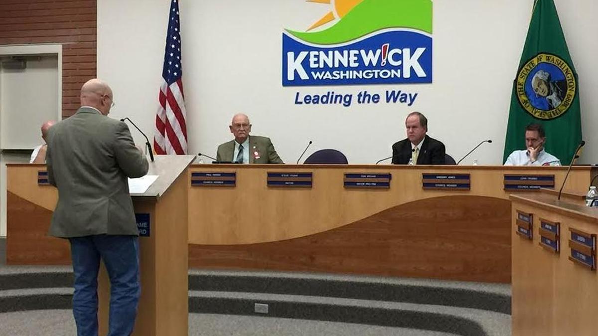 State Rep. Brad Klippert, R-Kennewick, praises the Kennewick City Council on Tuesday for considering a ban on “nuisance” marijuana grows.