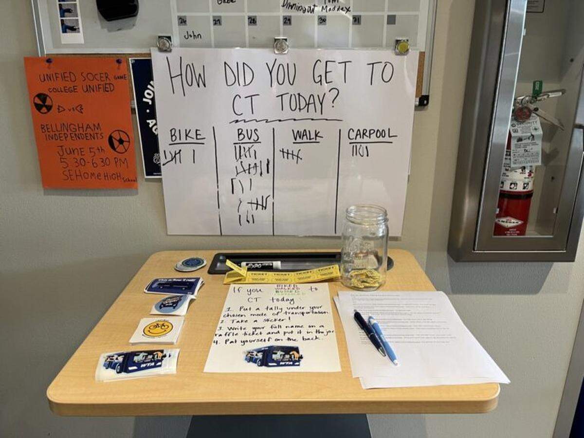 A sign-in sheet at Bellingham’s Community Transitions program asks students and teachers how they arrived at school during an annual bike-to-school event.
