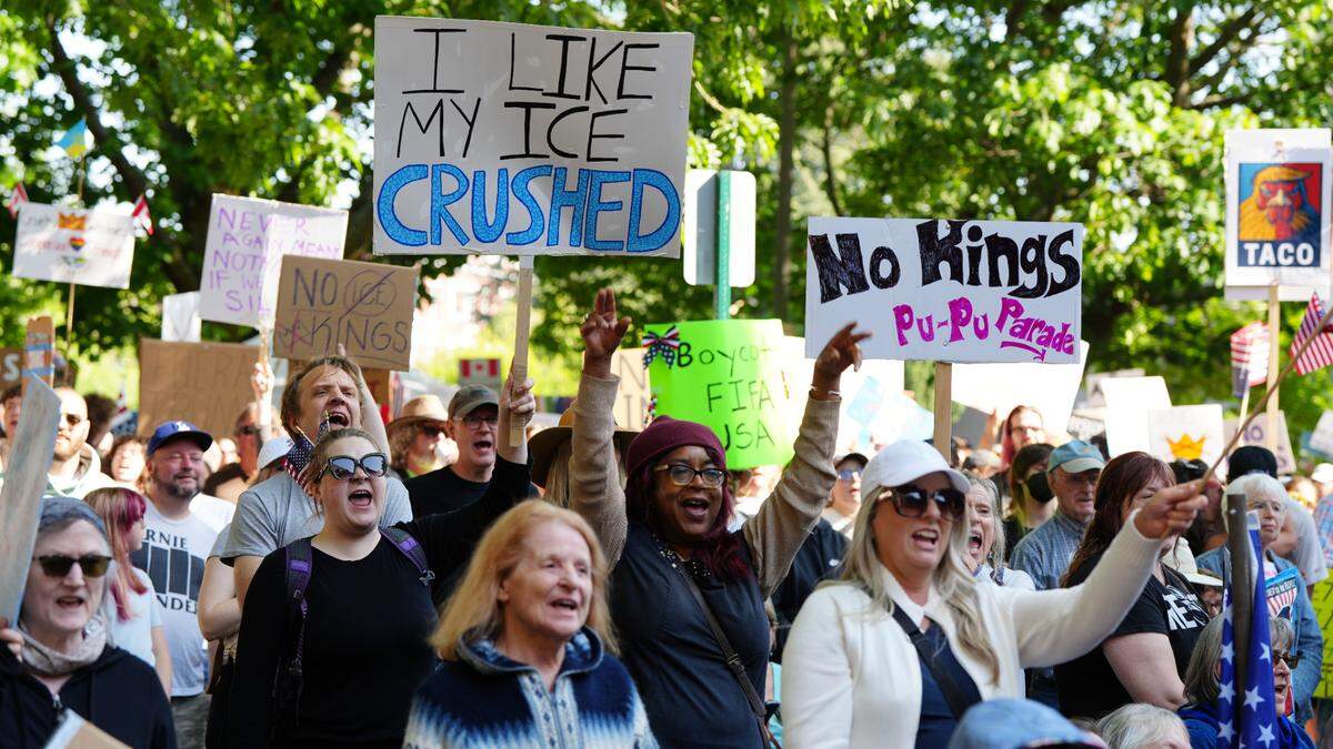 Thousands gathered on June 14, 2025, in front of City Hall for a “No Kings” protest in Bellingham, Wash., as part of a nationwide action denouncing the Trump administration.