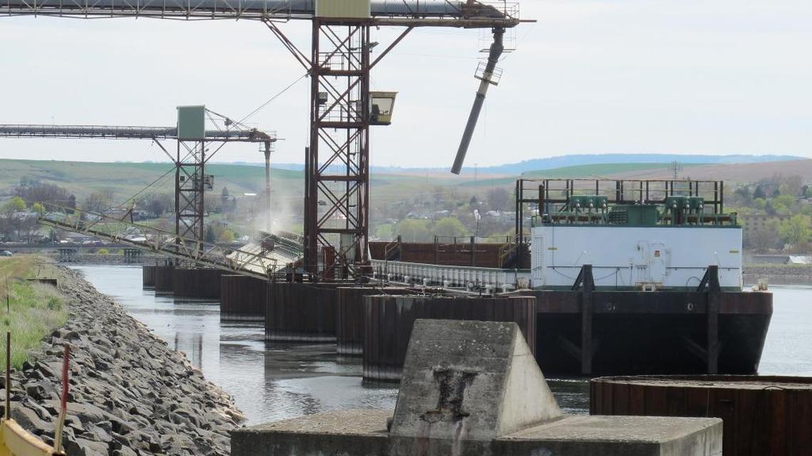 A grain barge is loaded at the Port of Lewiston in Idaho in 2013. Container shipping has ended but wheat shippers say they need river shipping.