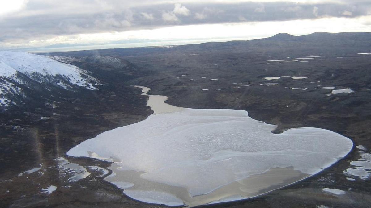 Aerial view from a helicopter showing the landscape on which the proposed Pebble Mine, a gold and copper mine. would be placed. Here, Frying Pan Lake, which under current plans would disappear under a giant pile of tailing.