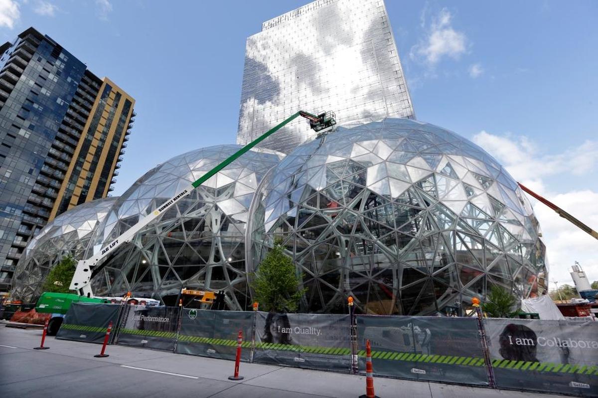 Construction continues on three large, glass-covered domes as part of an expansion of the Amazon.com campus in downtown Seattle on April 27, 2017