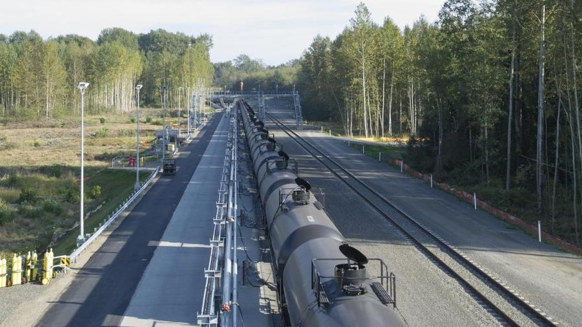 Oil trains line up on the BP Cherry Point Refinery rail loop.