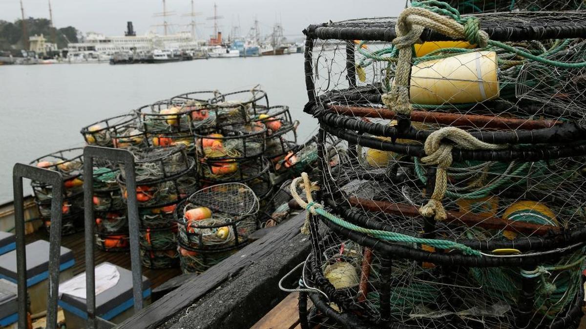 Crab pots sit on a processing pier and the back of a boat at Fisherman's Wharf Tuesday, Jan. 3, 2017, in San Francisco. Dungeness crab could be harder to come by if fishers from Canada to Northern California continue their strike over the purchase price. The strike started December 28 after Pacific Choice Seafood in Humboldt County, California, offered to pay $2.75 a pound for the tasty crustacean. Crabbers whose seasons had already opened had negotiated a price of $3 per pound.