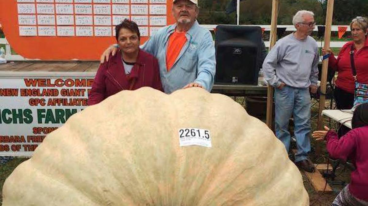 In this Oct. 8, 2016 photo provided by Ron Wallace, Richard and Catherine Wallace stand with a 2,261.5-pound pumpkin that Richard grew to set the North American giant pumpkin record at the Frerichs Farm Pumpkin Weigh Off in Warren, R.I. Richard Wallace’s pumpkin beat the record set by his son, Ron, at the same event last year.