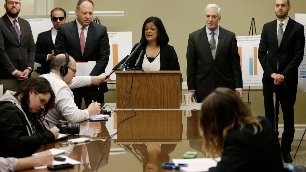 Sen. Pramila Jayapal, D- Seattle, center, speaks, Tuesday, Jan. 19, 2016, at the Capitol in Olympia, Wash., during a press conference to announce a proposal to make community college and technical college free for state residents without a bachelor’s degree.