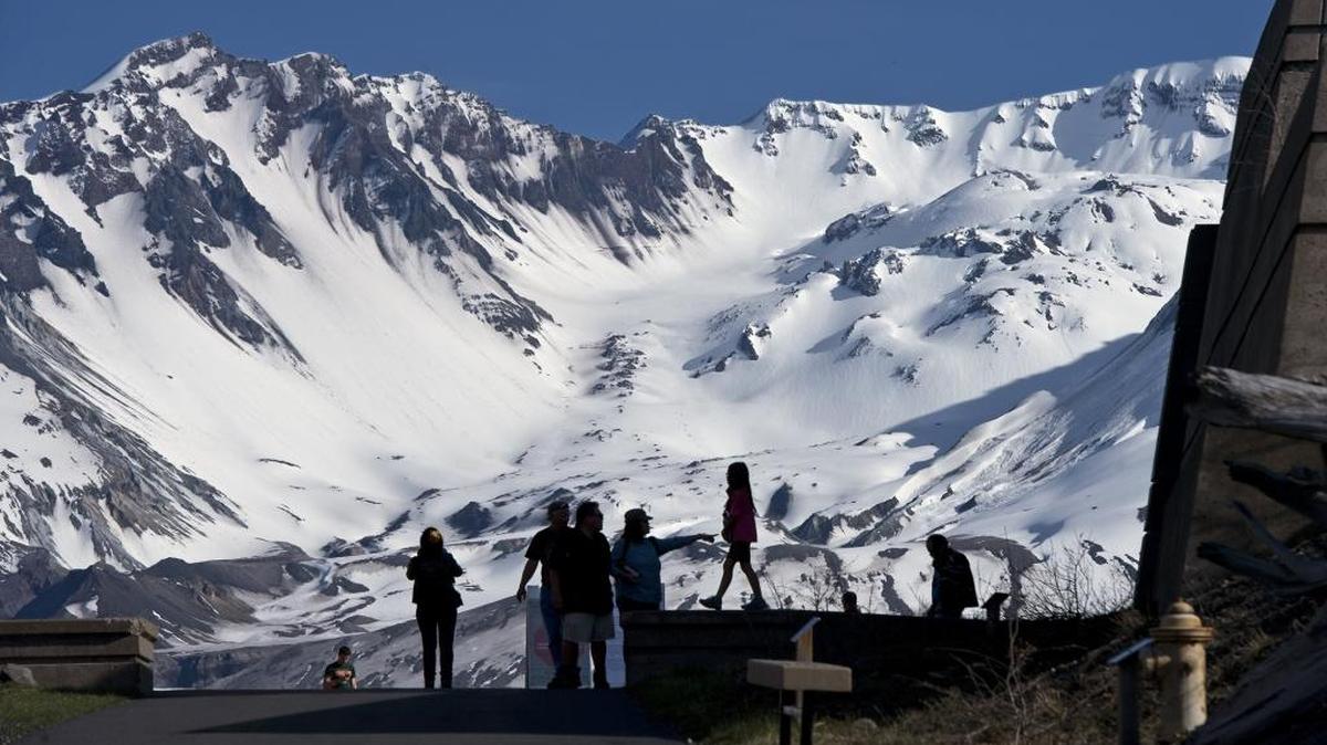 Crowds enjoy the view at the Johnston Ridge Observatory at Mount St. Helens on May 13, 2014.