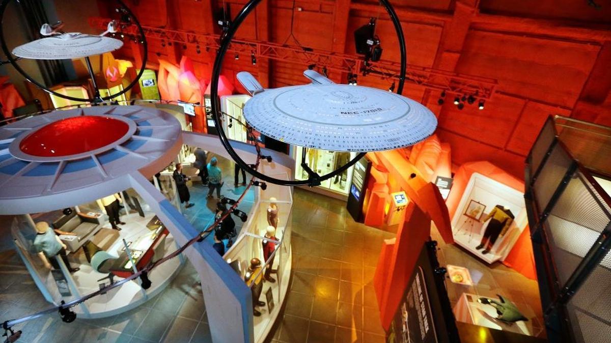 In this photo taken Wednesday, May 18, 2016, items from the “Star Trek,” are displayed at an exhibit called, “Star Trek: Exploring New Worlds” for a 50th anniversary celebration of the franchise at the EMP Museum, in Seattle.