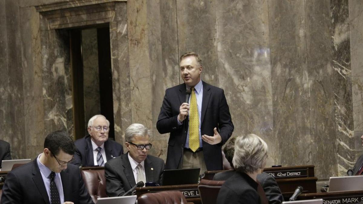 Sen. Doug Ericksen, R-Ferndale, speaks in support of a bill he sponsored that sought to eliminate Washington’s new rule allowing transgender people to use bathrooms and locker rooms in public buildings consistent with their gender identity, Wednesday, Feb. 10, 2016, in Olympia, Wash. The measure failed by one vote, with three Republicans joining Democrats to vote against it.