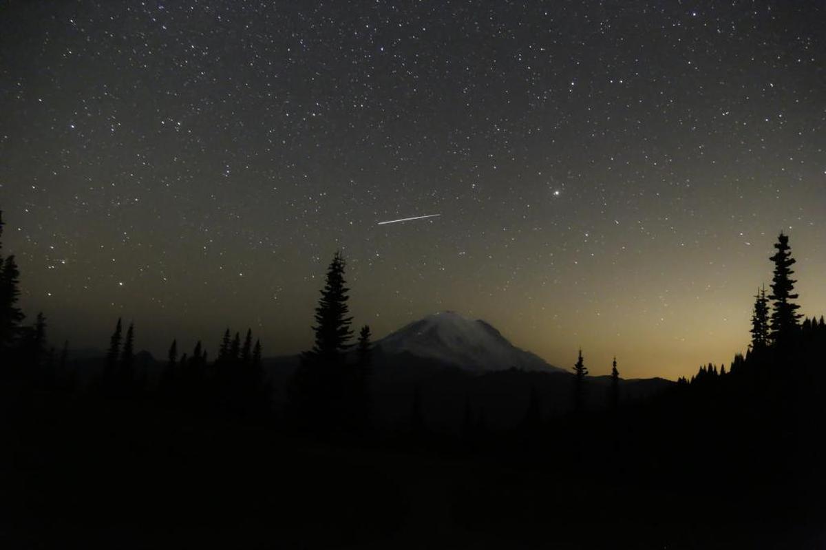 A meteor from the Perseid Meteor Shower over Mount Rainier, as photographed in August 2015 from the Naches Loop Trail at Mount Rainier National Park.